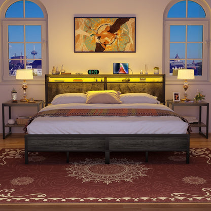 Cadre de lit plateforme en bois de style campagnard avec station de charge et éclairage LED