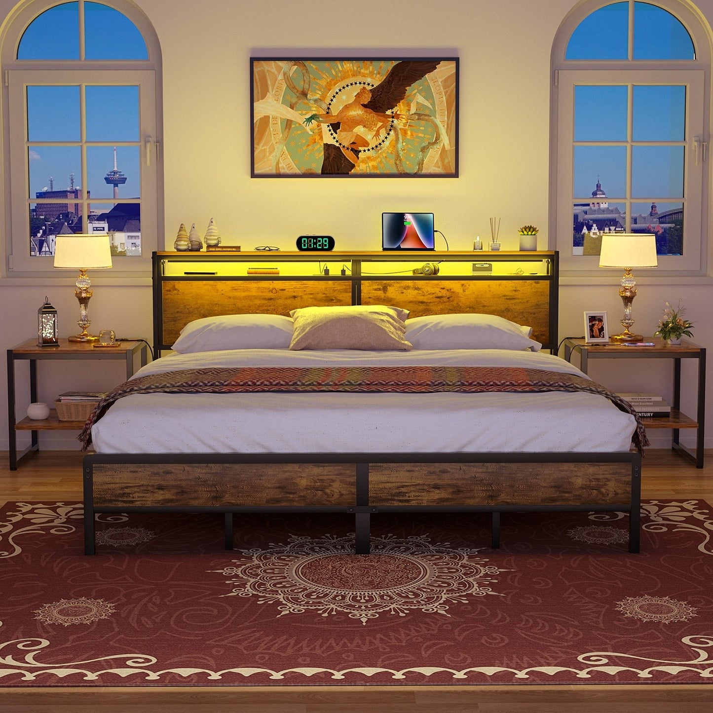 Cadre de lit plateforme en bois de style campagnard avec station de charge et éclairage LED