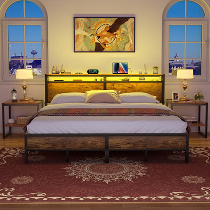 Cadre de lit plateforme en bois de style campagnard avec station de charge et éclairage LED