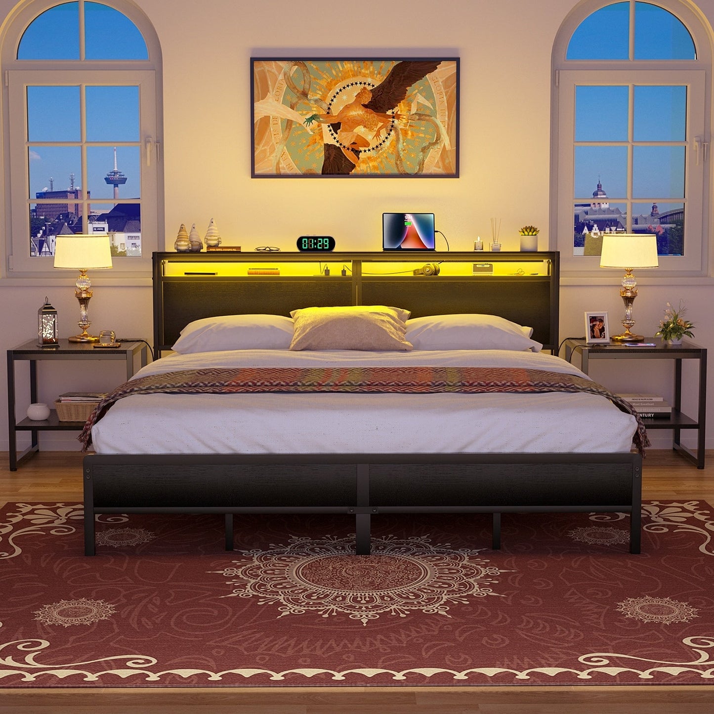 Cadre de lit plateforme en bois de style campagnard avec station de charge et éclairage LED