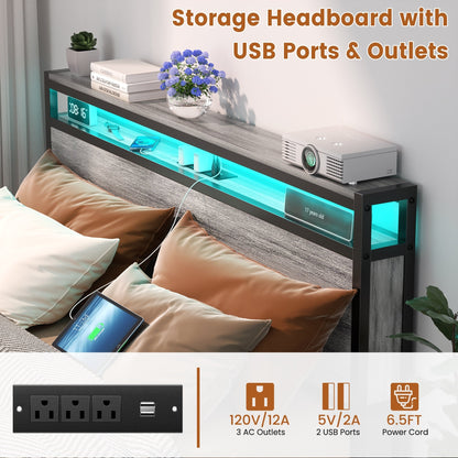 Cadre de lit plateforme en bois de style campagnard avec station de charge et éclairage LED