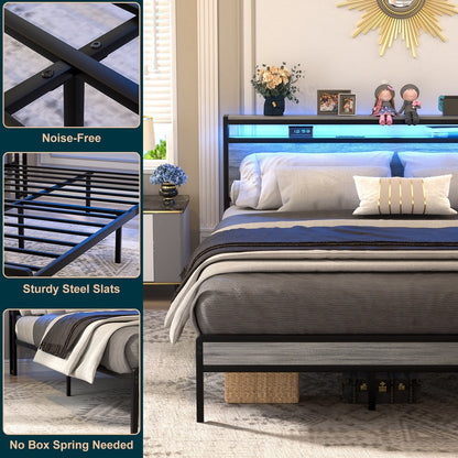 Cadre de lit plateforme en bois de style campagnard avec station de charge et éclairage LED