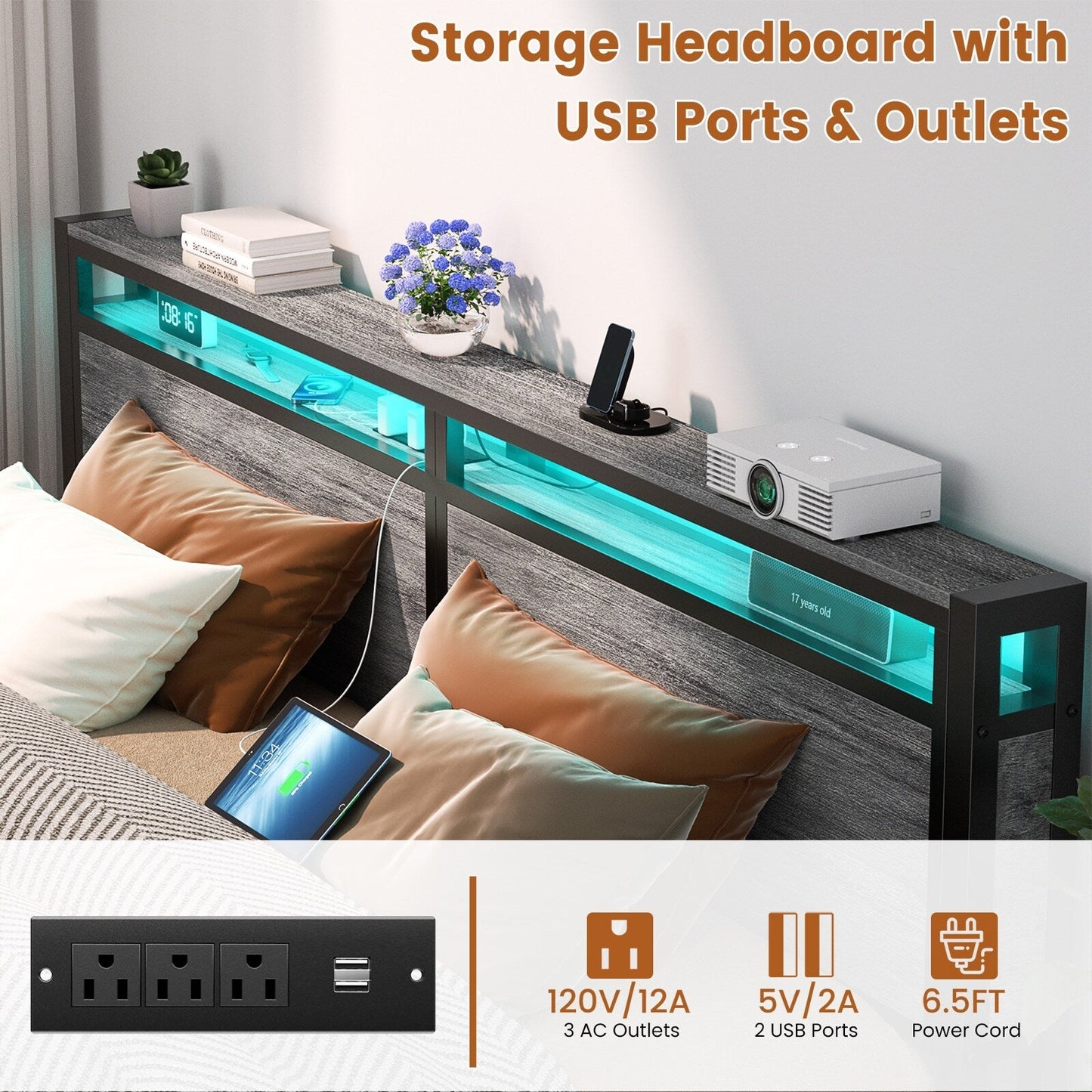 Cadre de lit plateforme en bois de style campagnard avec station de charge et éclairage LED