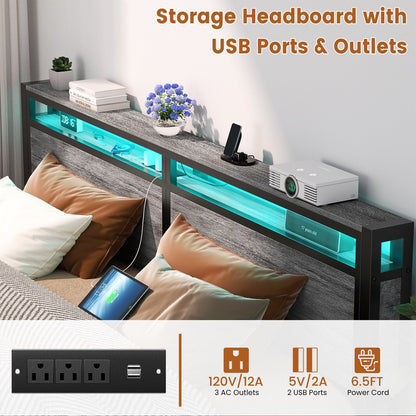 Cadre de lit plateforme en bois de style campagnard avec station de charge et éclairage LED