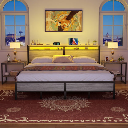 Cadre de lit plateforme en bois de style campagnard avec station de charge et éclairage LED