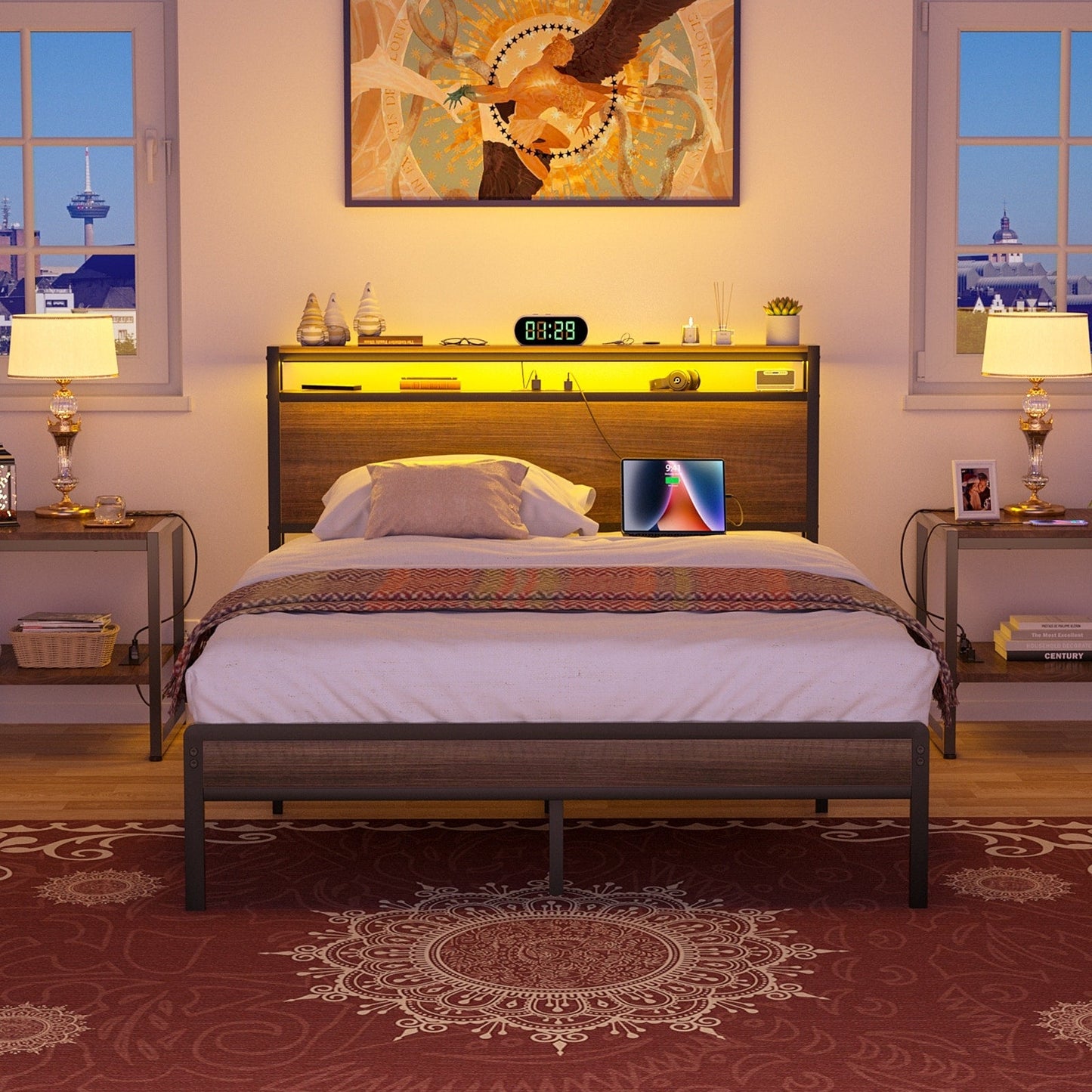 Cadre de lit plateforme en bois de style campagnard avec station de charge et éclairage LED