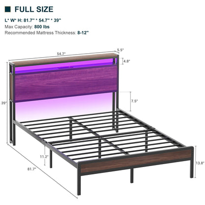 Cadre de lit plateforme en bois de style campagnard avec station de charge et éclairage LED