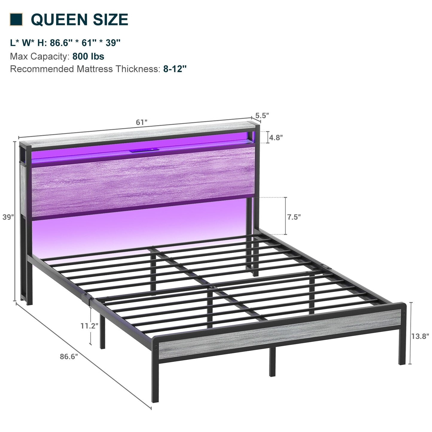 Cadre de lit plateforme en bois de style campagnard avec station de charge et éclairage LED