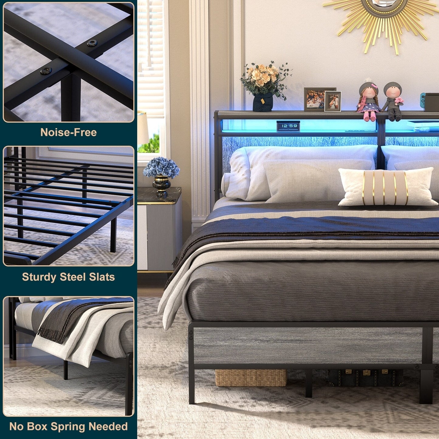 Cadre de lit plateforme en bois de style campagnard avec station de charge et éclairage LED