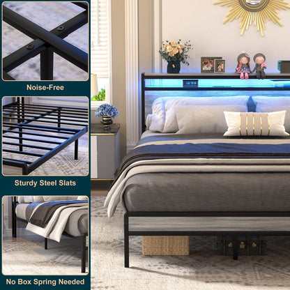 Cadre de lit plateforme en bois de style campagnard avec station de charge et éclairage LED