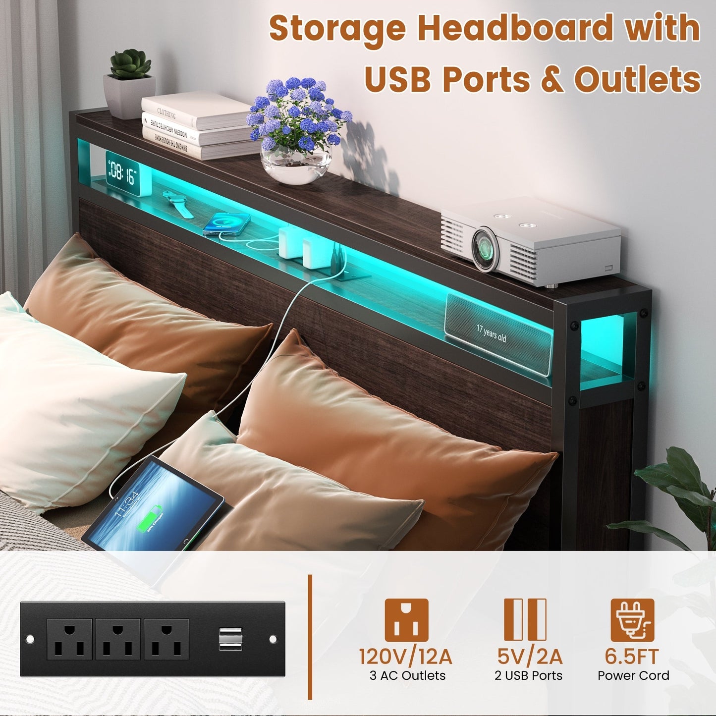 Cadre de lit plateforme en bois de style campagnard avec station de charge et éclairage LED