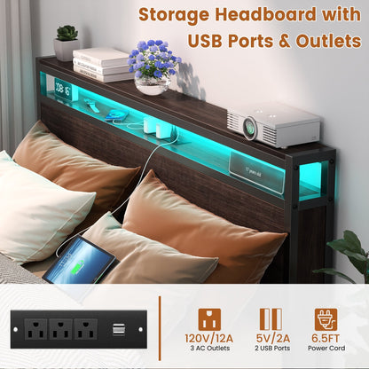 Cadre de lit plateforme en bois de style campagnard avec station de charge et éclairage LED