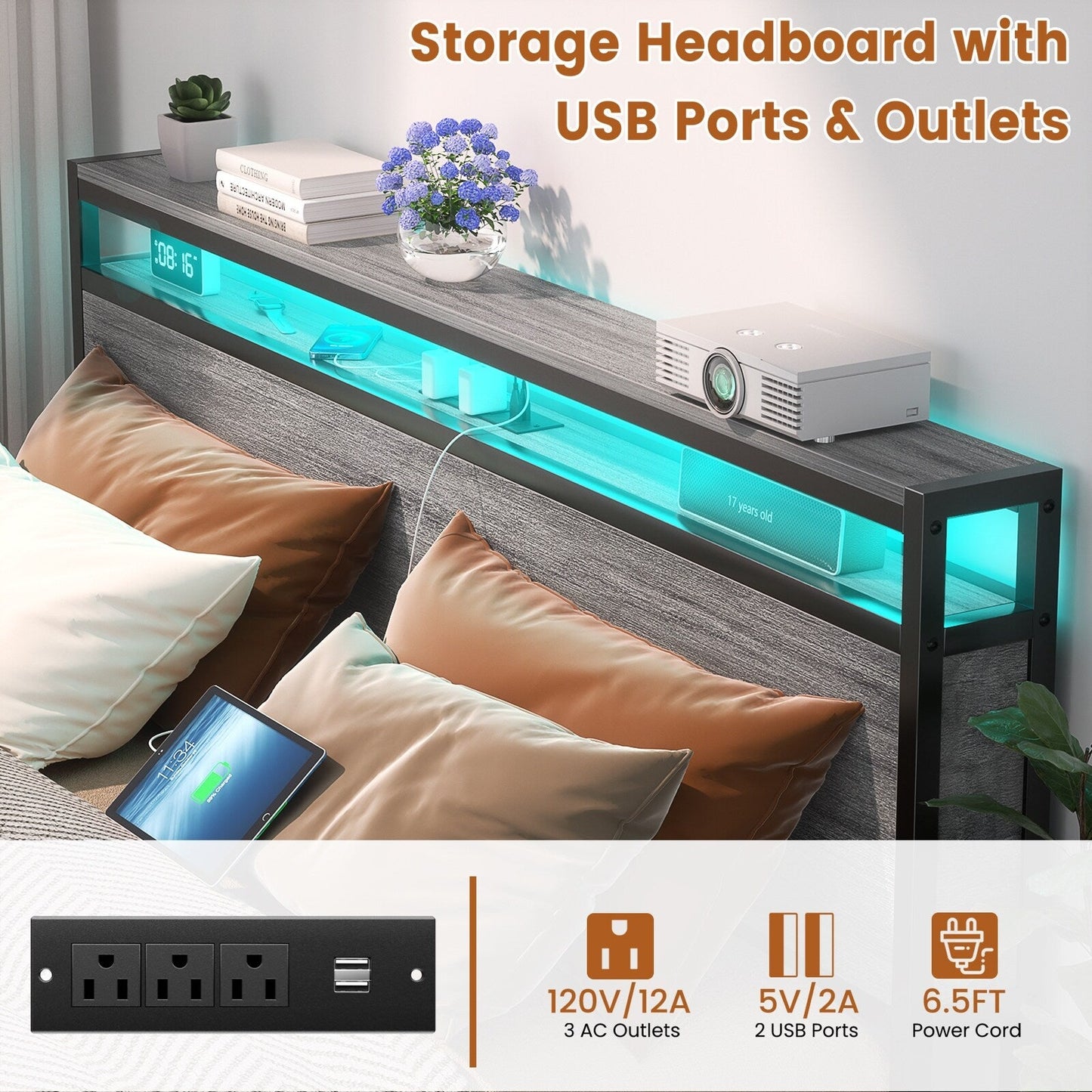 Cadre de lit plateforme en bois de style campagnard avec station de charge et éclairage LED