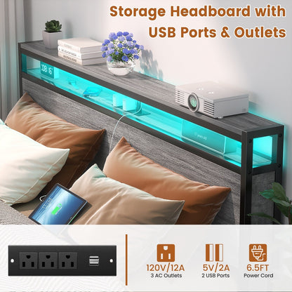 Cadre de lit plateforme en bois de style campagnard avec station de charge et éclairage LED