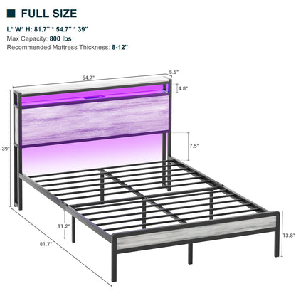 Cadre de lit plateforme en bois de style campagnard avec station de charge et éclairage LED
