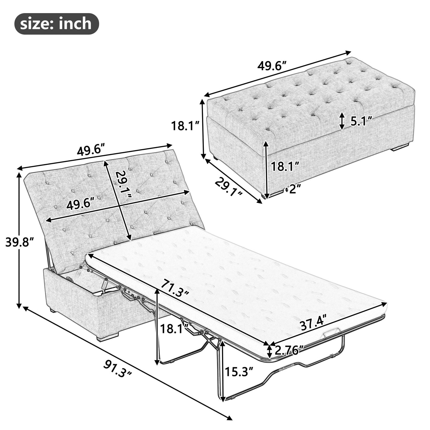 Canapé-lit pliant, pouf de 126 cm avec matelas à mémoire de forme et capitonnage.