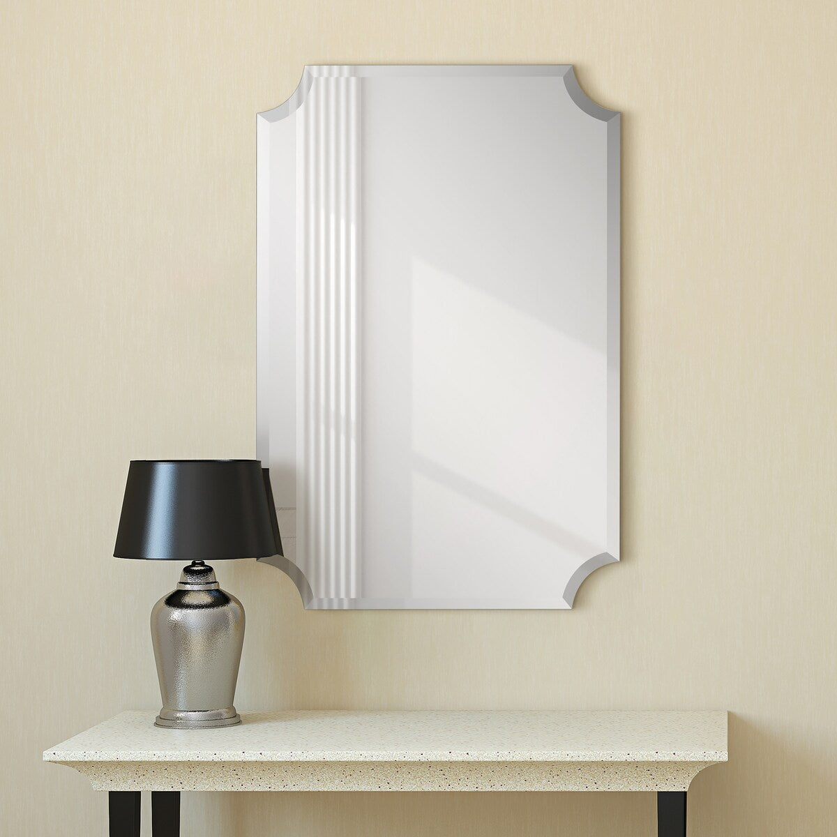 Miroir mural rectangulaire sans cadre à bord biseauté festonné, pour salle de bain, coiffeuse ou chambre, transparent.