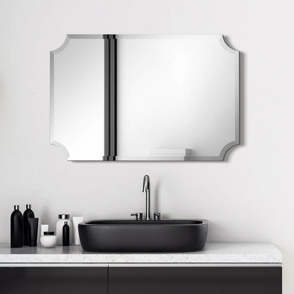 Miroir mural rectangulaire sans cadre à bord biseauté festonné, pour salle de bain, coiffeuse ou chambre, transparent.