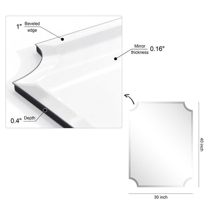 Miroir mural rectangulaire sans cadre à bord biseauté festonné, pour salle de bain, coiffeuse ou chambre, transparent.