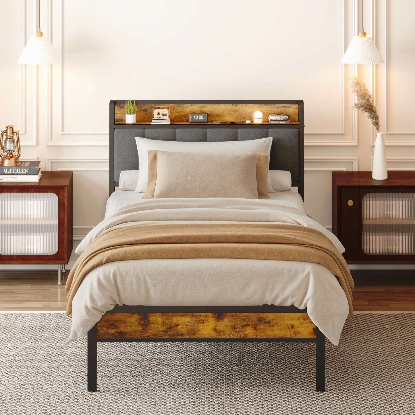 Cadre de lit plateforme en métal pour lits jumeaux, doubles, queen et king size, avec tête de lit rembourrée et rangement.