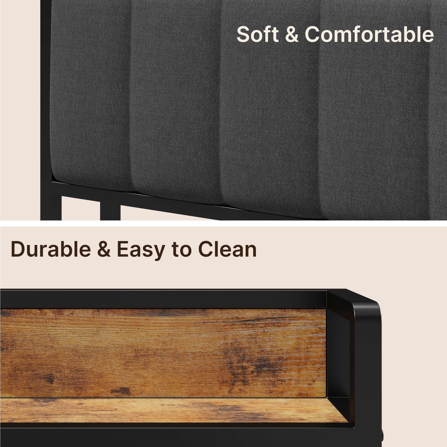 Cadre de lit plateforme en métal pour lits jumeaux, doubles, queen et king size, avec tête de lit rembourrée et rangement.