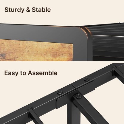 Cadre de lit plateforme en métal pour lits jumeaux, doubles, queen et king size, avec tête de lit rembourrée et rangement.