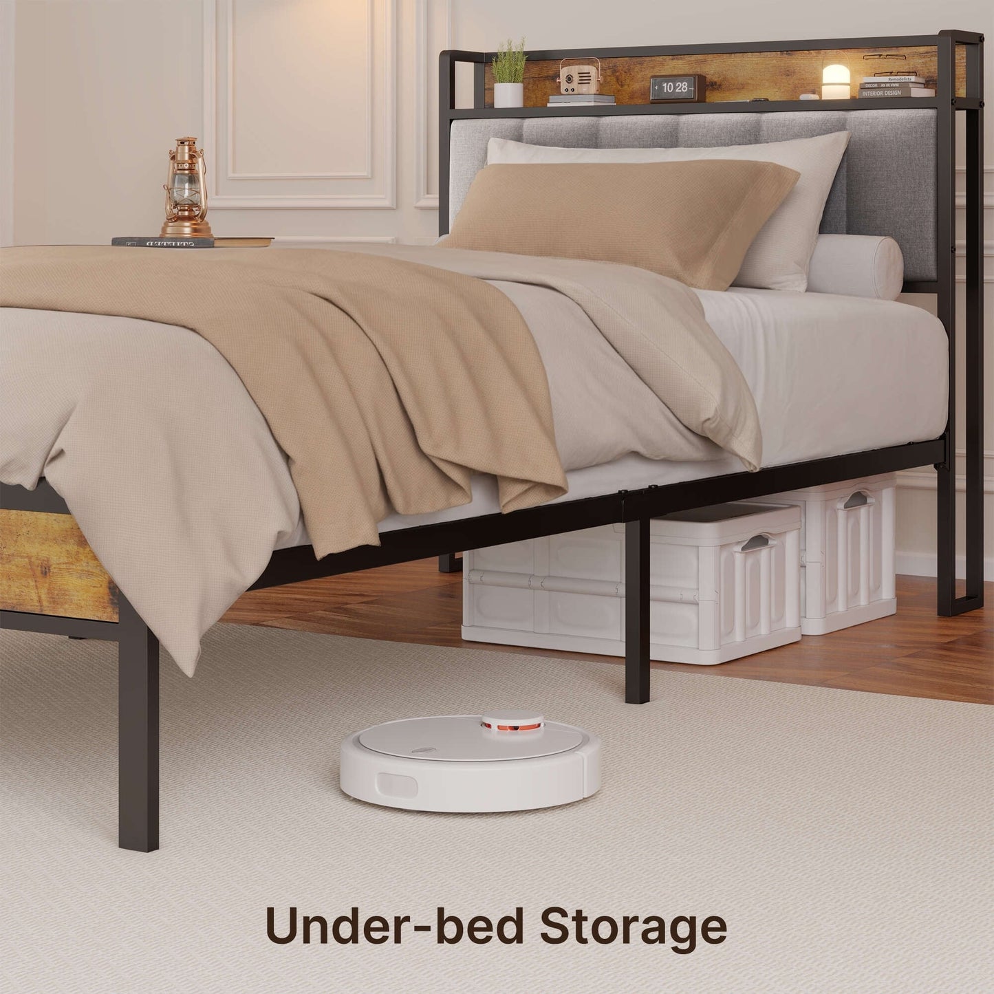 Cadre de lit plateforme en métal pour lits jumeaux, doubles, queen et king size, avec tête de lit rembourrée et rangement.