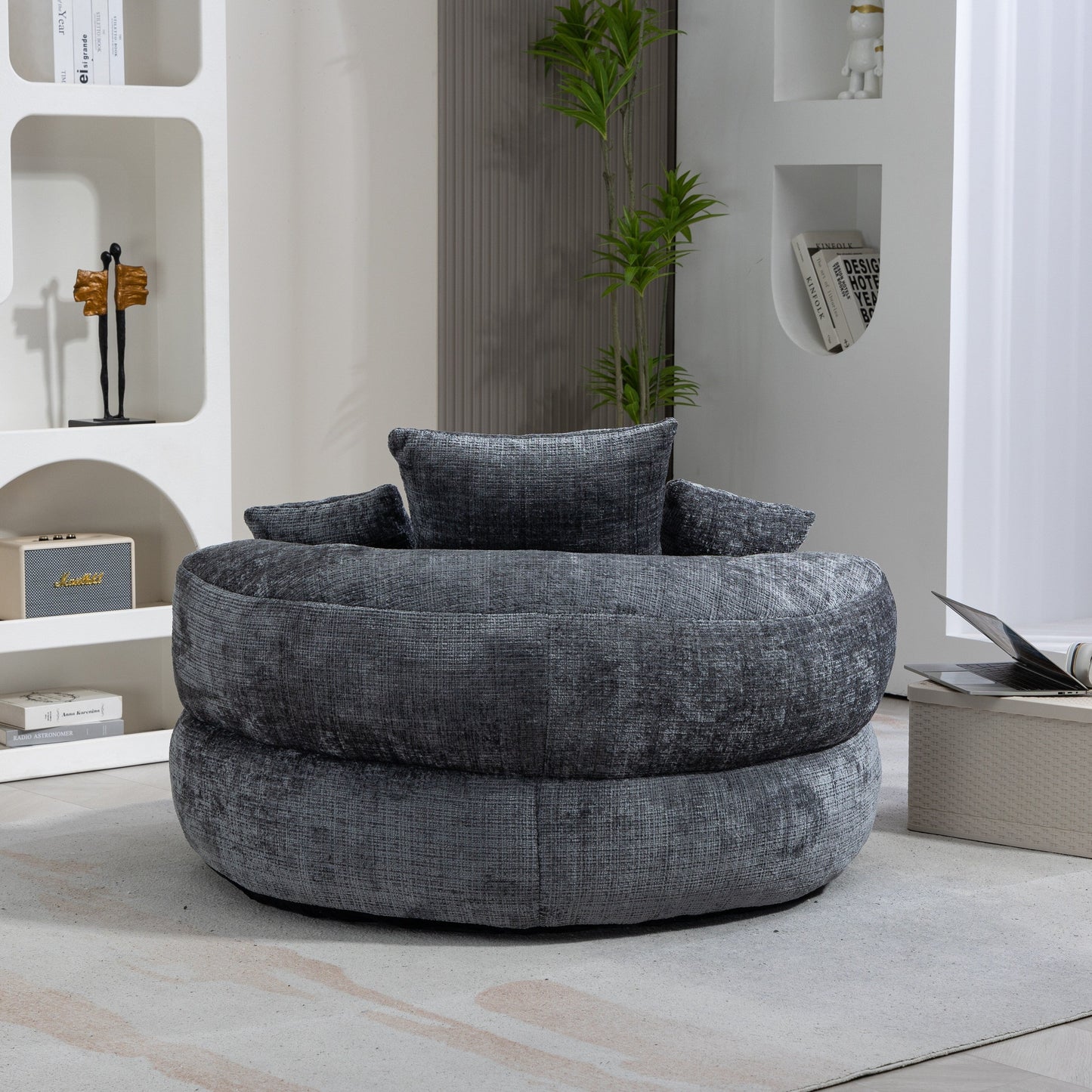 Pouf paresseux gris surdimensionné de 42,52 pouces en chenille avec trois coussins pour chambre à coucher