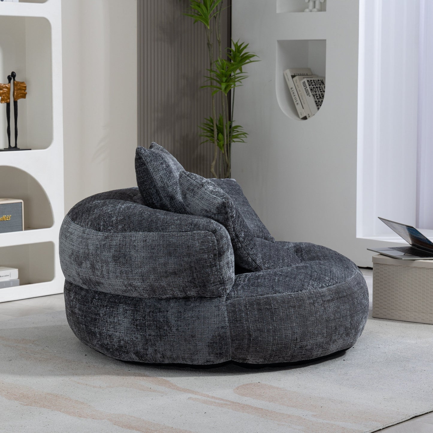 Pouf paresseux gris surdimensionné de 42,52 pouces en chenille avec trois coussins pour chambre à coucher