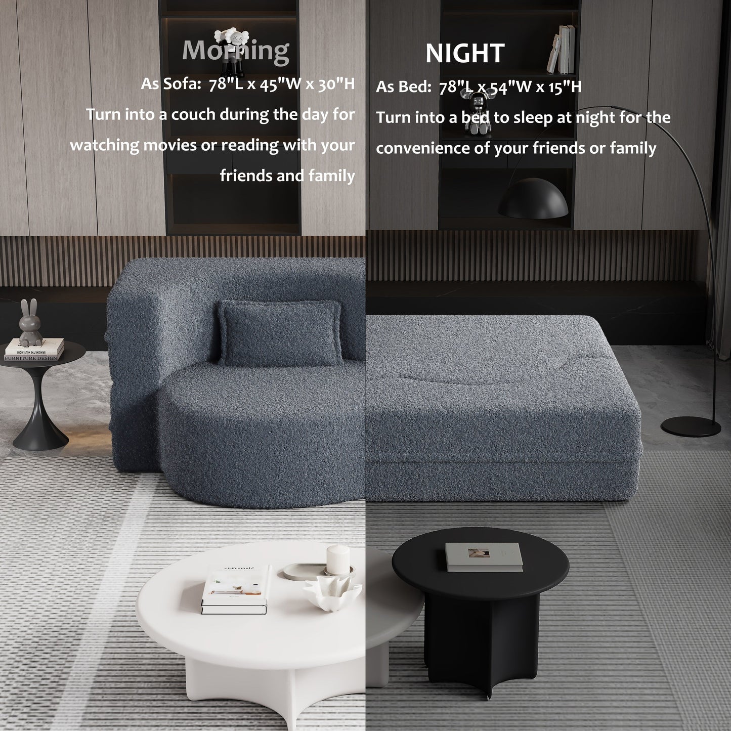 Canapé-lit convertible deux places en tissu Teddy gris 78, garni de mousse, avec 2 oreillers et matelas pliable pour salon