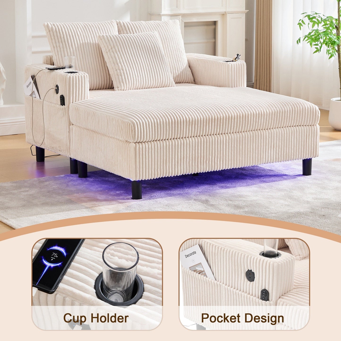 Canapé-lit inclinable surdimensionné HOMEFUN en velours côtelé avec éclairage LED RGB, porte-gobelet, port USB et 3 coussins