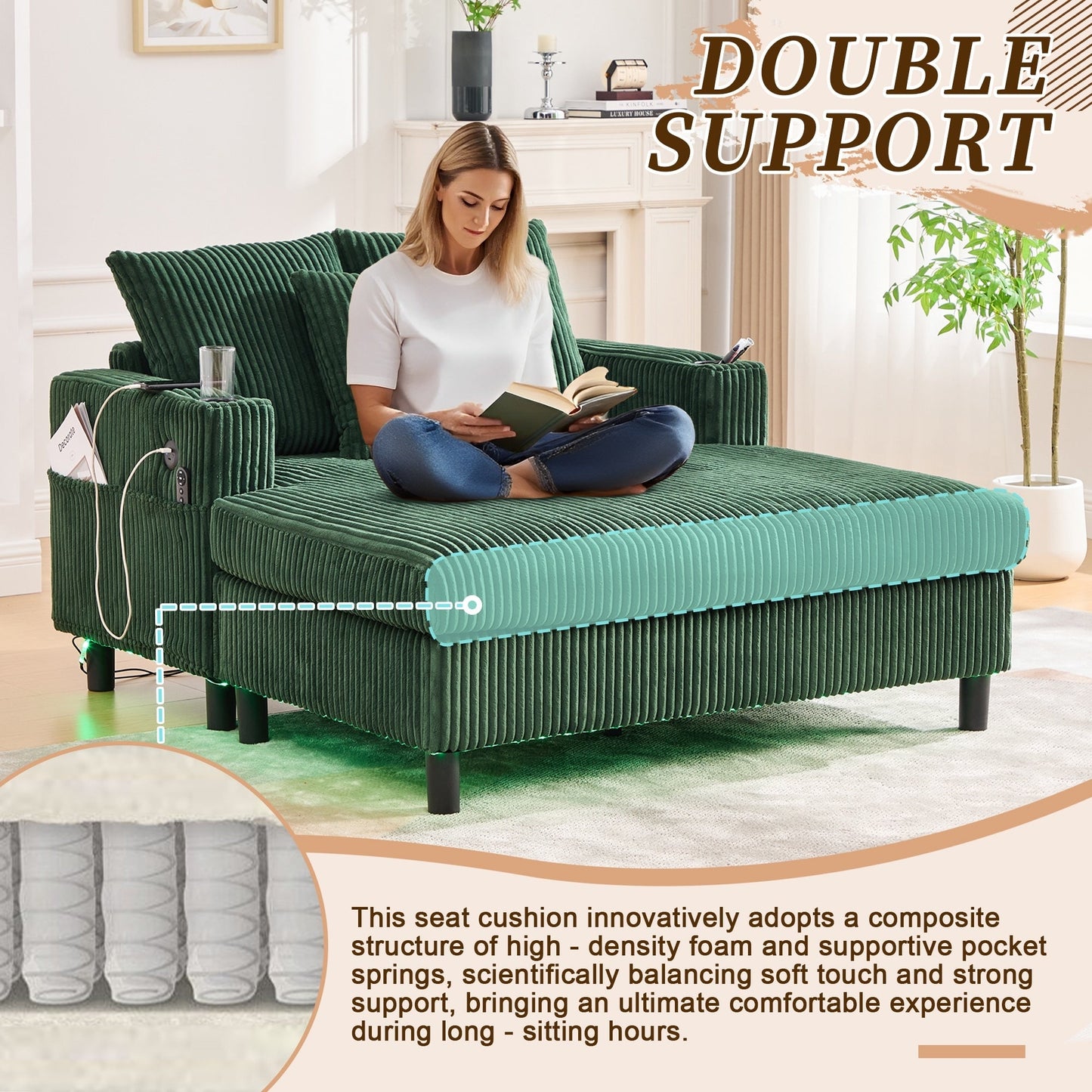 Canapé-lit inclinable surdimensionné HOMEFUN en velours côtelé avec éclairage LED RGB, porte-gobelet, port USB et 3 coussins