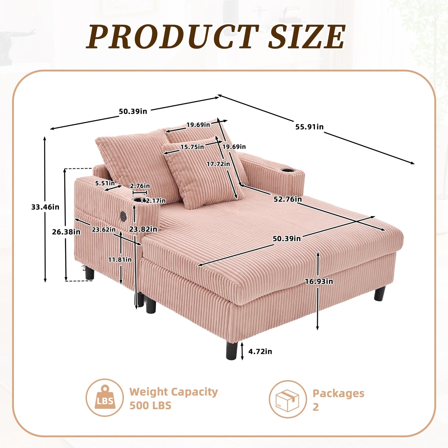 Canapé-lit inclinable surdimensionné HOMEFUN en velours côtelé avec éclairage LED RGB, porte-gobelet, port USB et 3 coussins