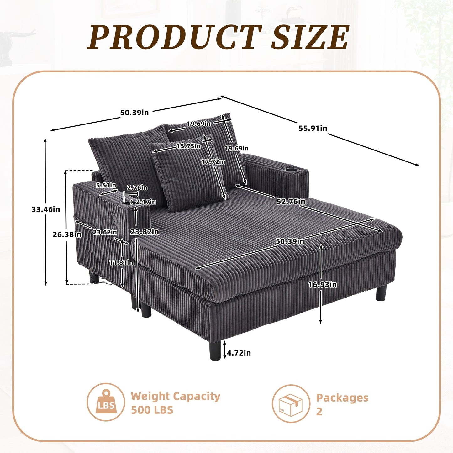 Canapé-lit inclinable surdimensionné HOMEFUN en velours côtelé avec éclairage LED RGB, porte-gobelet, port USB et 3 coussins