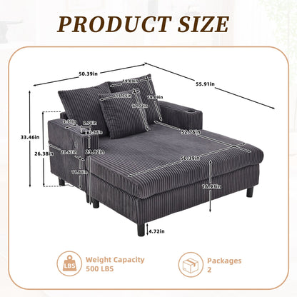 Canapé-lit inclinable surdimensionné HOMEFUN en velours côtelé avec éclairage LED RGB, porte-gobelet, port USB et 3 coussins