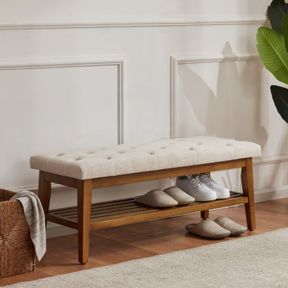 Banc à chaussures d'entrée avec rangement, revêtement en tissu et bois massif, 109 cm (43 pouces), banquette rembourrée pour salon et chambres