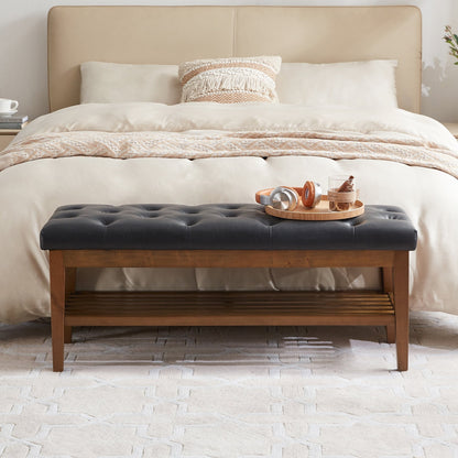 Banc à chaussures d'entrée avec rangement, revêtement en tissu et bois massif, 109 cm (43 pouces), banquette rembourrée pour salon et chambres