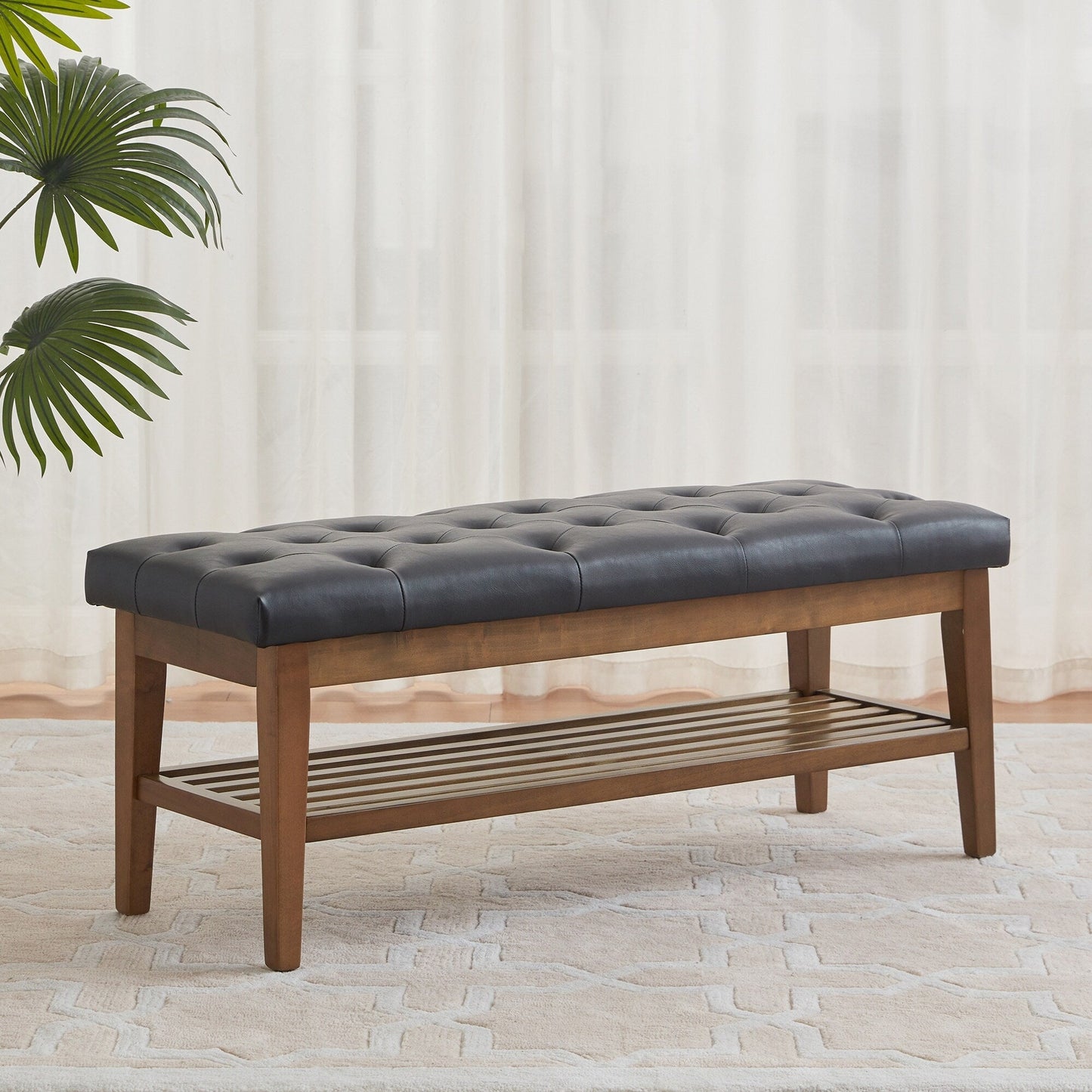 Banc à chaussures d'entrée avec rangement, revêtement en tissu et bois massif, 109 cm (43 pouces), banquette rembourrée pour salon et chambres