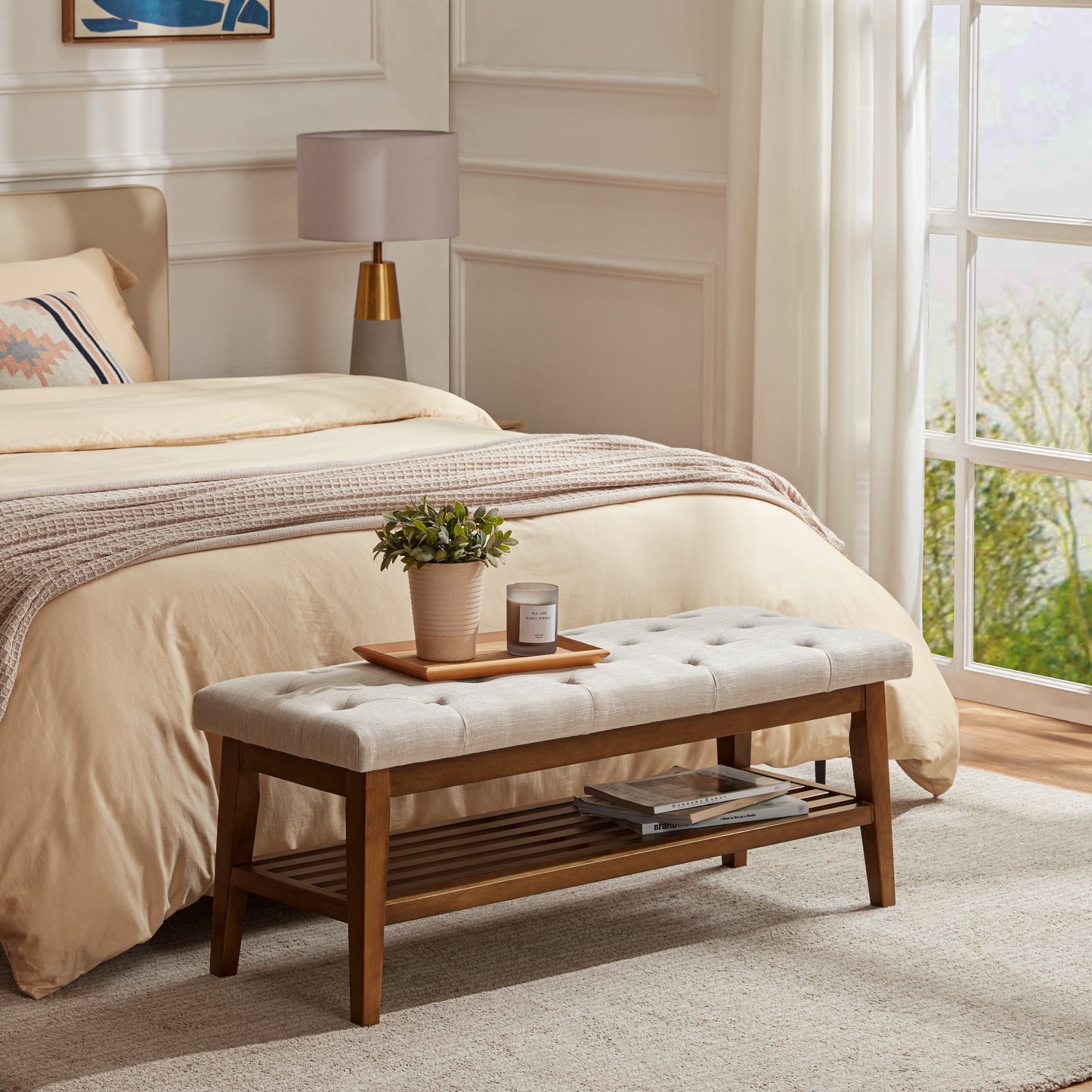 Banc à chaussures d'entrée avec rangement, revêtement en tissu et bois massif, 109 cm (43 pouces), banquette rembourrée pour salon et chambres