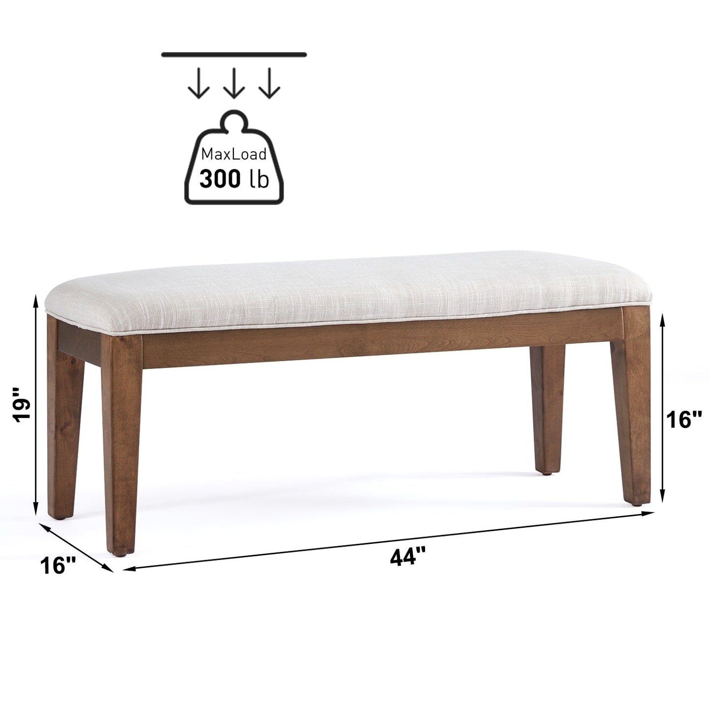 Banc d'entrée rembourré en tissu, banc de chambre à coucher pour pied de lit, beige, bois massif, 112 cm (44 pouces)