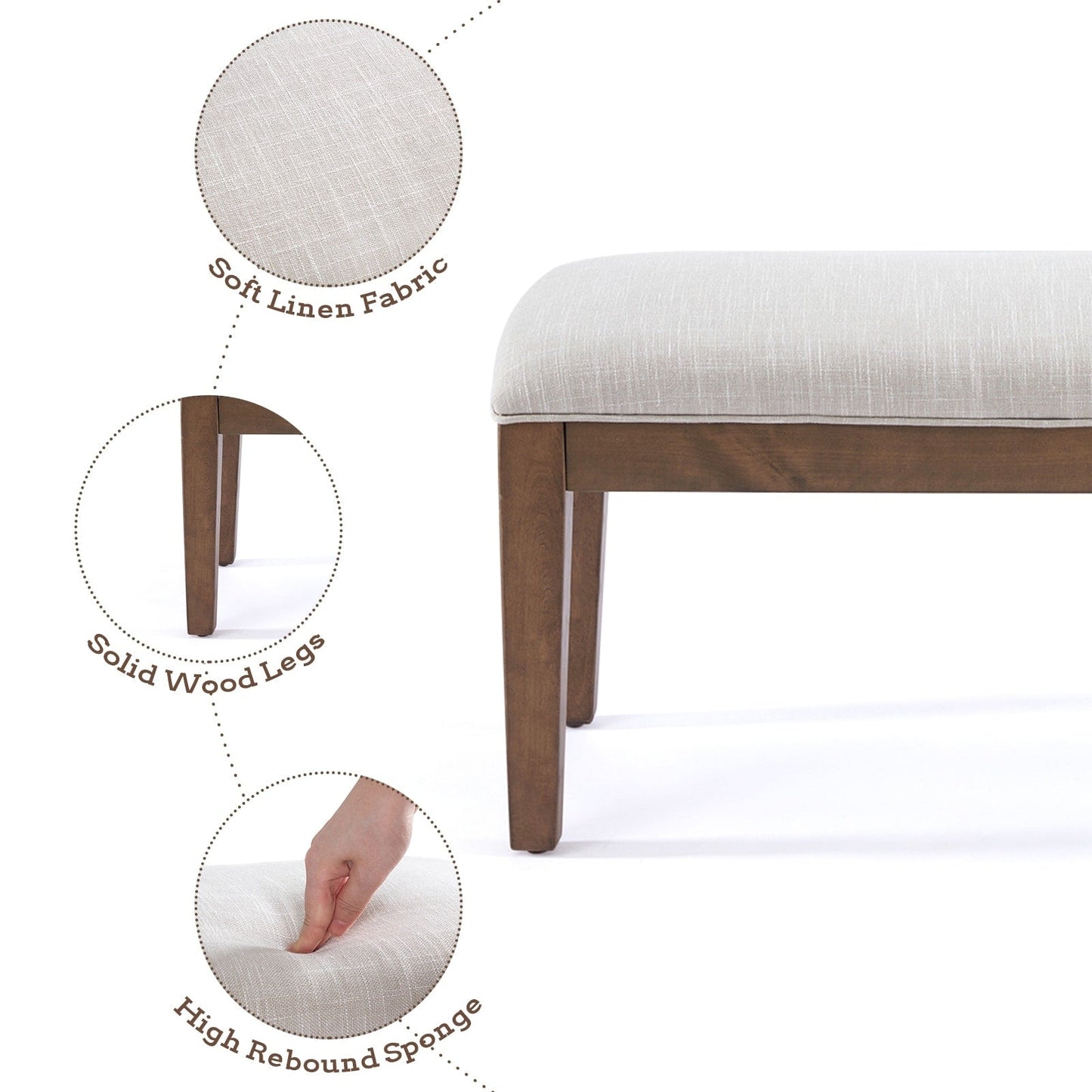 Banc d'entrée rembourré en tissu, banc de chambre à coucher pour pied de lit, beige, bois massif, 112 cm (44 pouces)