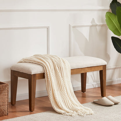 Banc d'entrée rembourré en tissu, banc de chambre à coucher pour pied de lit, beige, bois massif, 112 cm (44 pouces)