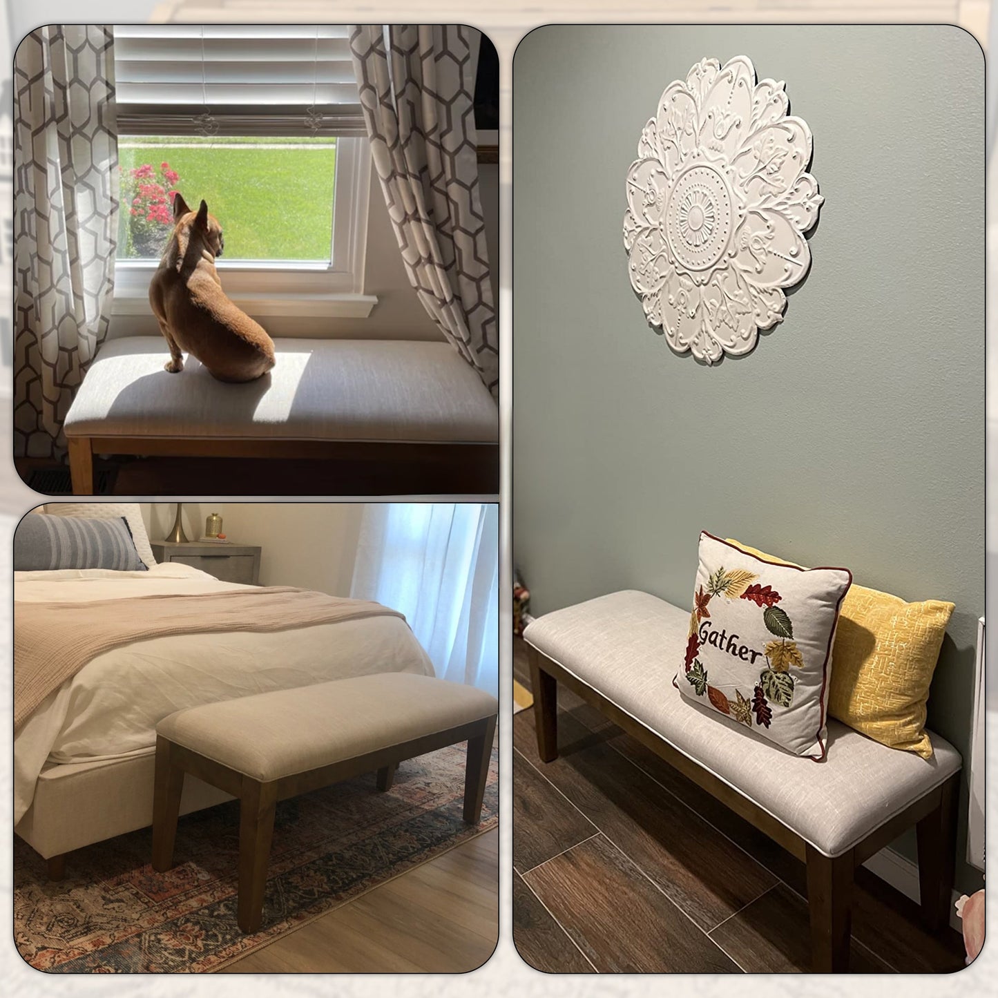 Banc d'entrée rembourré en tissu, banc de chambre à coucher pour pied de lit, beige, bois massif, 112 cm (44 pouces)