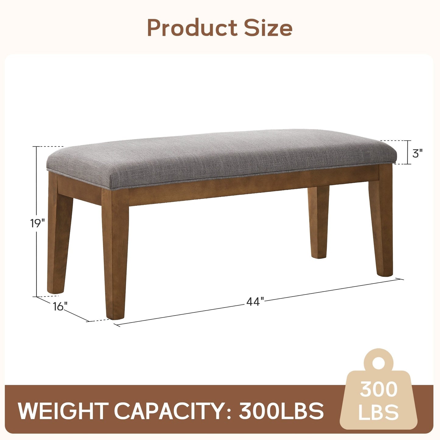 Banc d'entrée rembourré en tissu, banc de chambre à coucher pour pied de lit, beige, bois massif, 112 cm (44 pouces)