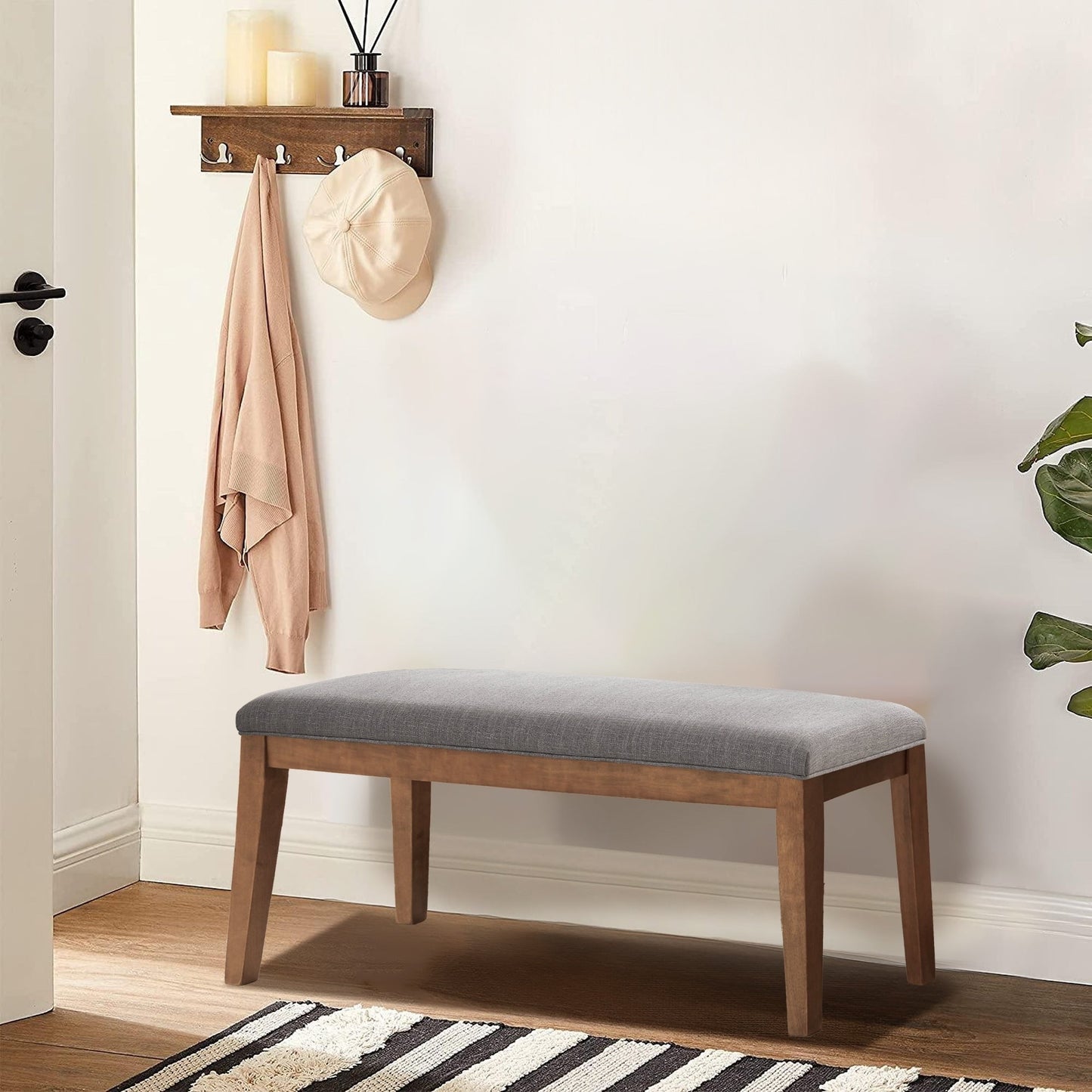 Banc d'entrée rembourré en tissu, banc de chambre à coucher pour pied de lit, beige, bois massif, 112 cm (44 pouces)