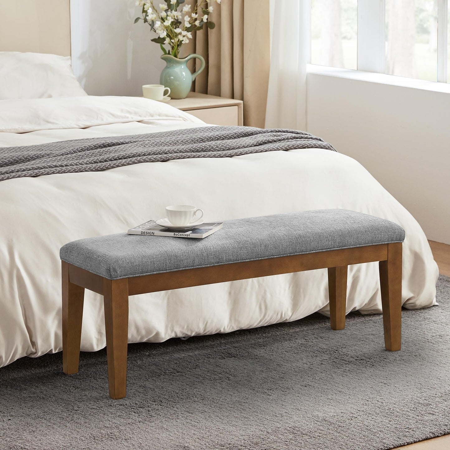 Banc d'entrée rembourré en tissu, banc de chambre à coucher pour pied de lit, beige, bois massif, 112 cm (44 pouces)