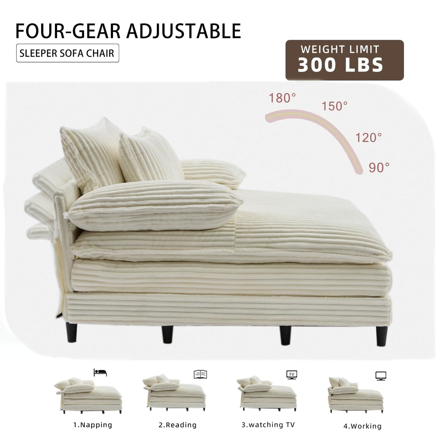 Canapé-lit surdimensionné Harmonia 109 W en velours côtelé, méridienne double profonde avec 4 coussins