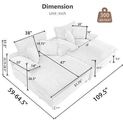 Canapé-lit surdimensionné Harmonia 109 W en velours côtelé, méridienne double profonde avec 4 coussins