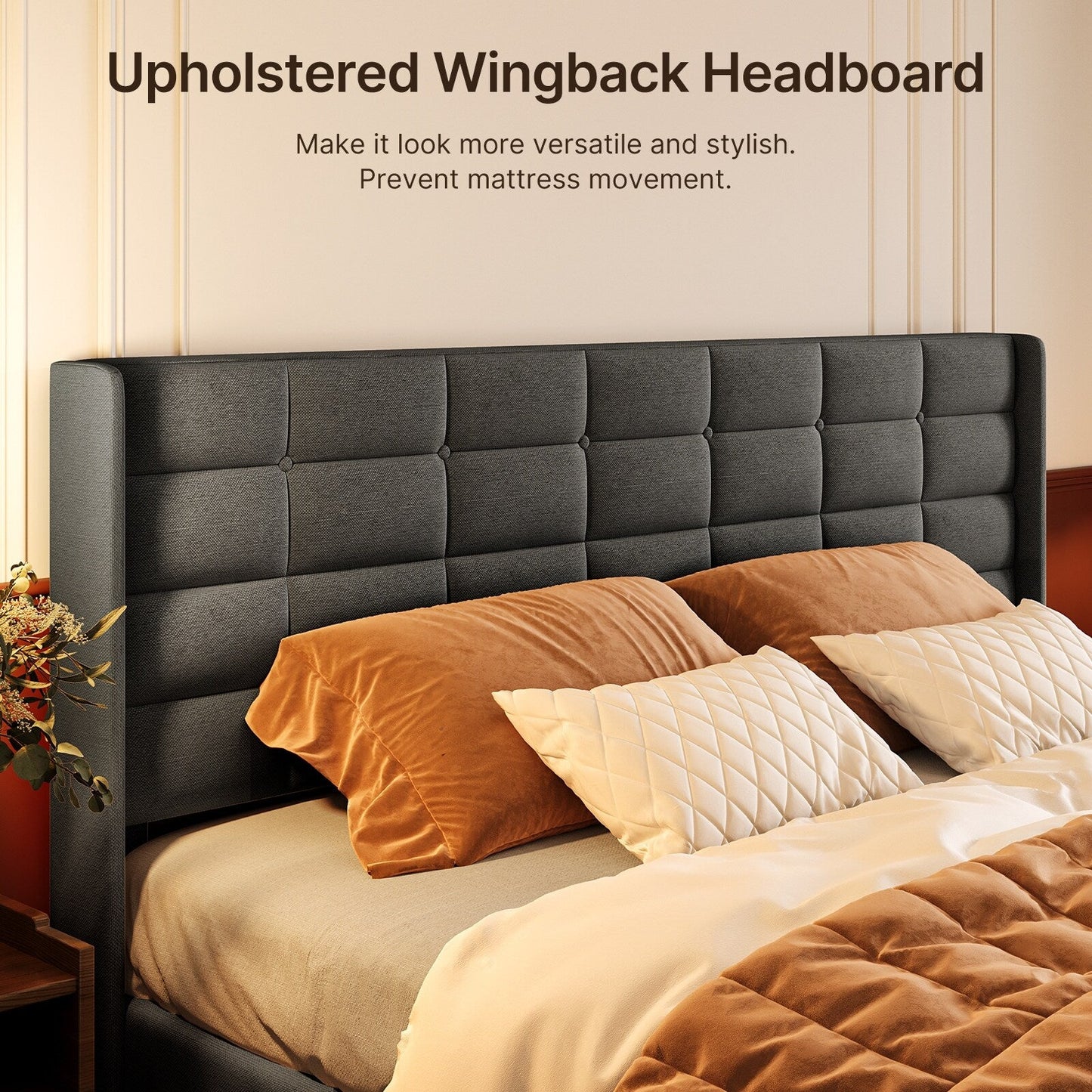 Cadre de lit coffre relevable, cadre de lit plateforme rembourré avec système de rangement hydraulique et tête de lit