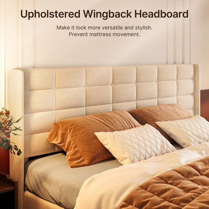 Cadre de lit coffre relevable, cadre de lit plateforme rembourré avec système de rangement hydraulique et tête de lit